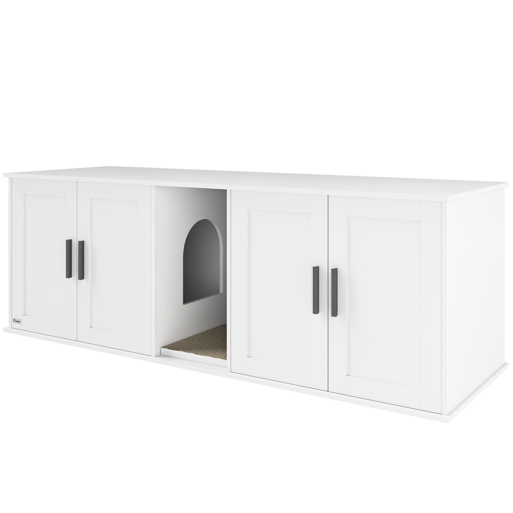 Cat Litter Box Enclosure With Double Room, Scratching Mat For 2 Cats, 57 X 19 X 20, White