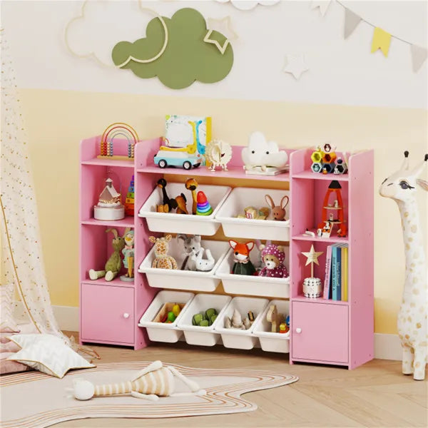 Pink Multi-Functional Kids Storage Shelf - Toy Organizer+Bookcase, 56"x12"x39", Anti-Toppling, 265lbs Capacity