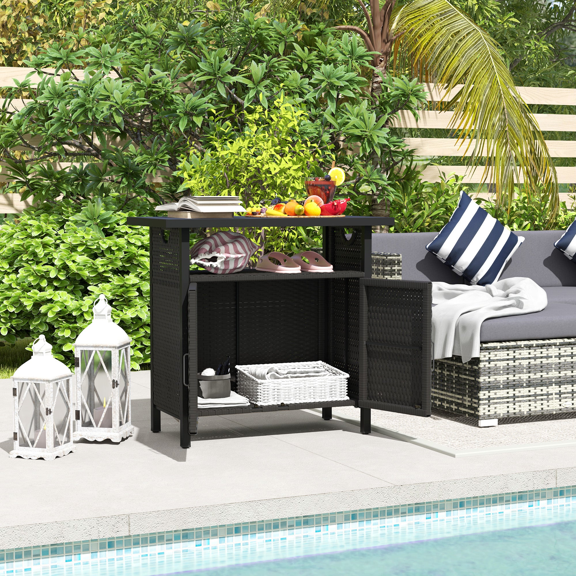 Outdoor Pool Towel Storage Cabinet Organizer, Outdoor Bar Table With Shelf And Cabinet, Pool Towel Holder Pool Valet With Weather-Resistant PE Rattan And Steel Frame, Espresso