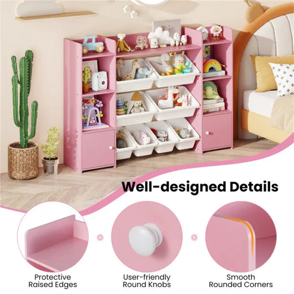 Pink Multi-Functional Kids Storage Shelf - Toy Organizer+Bookcase, 56"x12"x39", Anti-Toppling, 265lbs Capacity