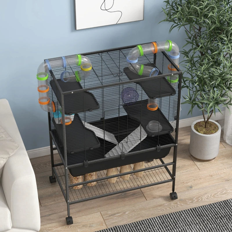 Small Animal Cage For Syrian Hamster, Gerbil Cage With Tubing System, Running Wheel, Ramps, Platforms