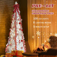 6 FT Fully Decorated Pre-lit Christmas Tree, Up Artificial Xmas Tree With 100 Warm Lights And Red Ornaments For Home Office Store Holiday Deco, White