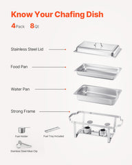 8 Qt 4 Pack Rectangle Chafing Dish Buffet Set Full Size Pan Stainless Steel