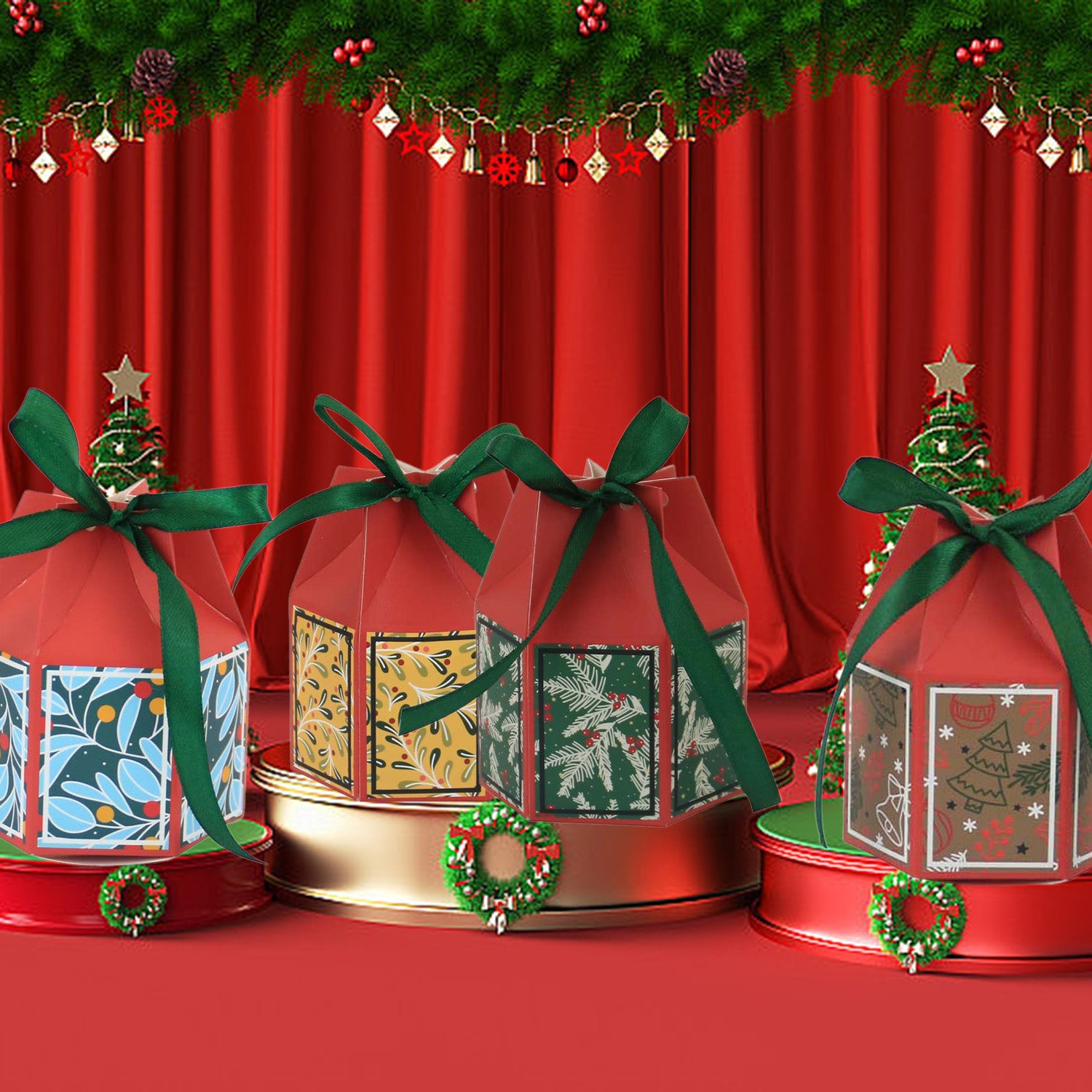 20PCS Christmas Treat Boxes With Ribbons Paper Christmas Tree Bells Pattern Goodie Box Retro Candy Bakery Box For Christmas Party Favors Wrapping Supplies
