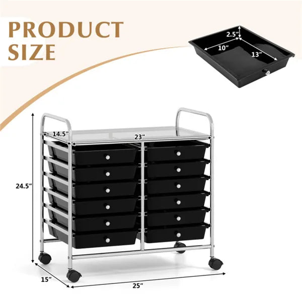 12-Drawer Rolling Storage Cart - 2-Row 10-Storey, Multicolor Drawers, 4 Wheels (2 Brake), -Black