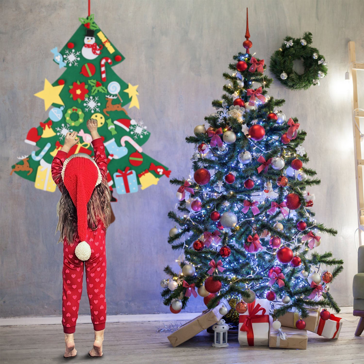 DIY Felt Christmas Tree 41Pcs Detachable Ornaments For Kids Toddler Wall Hanging Christmas Decoration Xmas Gift