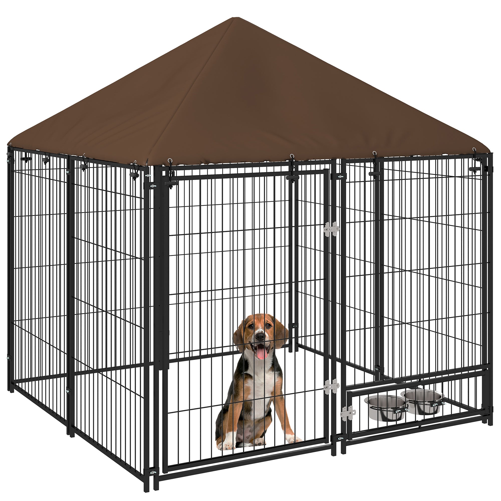 Outside Dog Kennel, 4.6' x 4.6' x 5' Puppy Play Pen with Canopy, Garden Playpen Fence Crate Enclosure Cage Rotating Bowl, for Dogs, Chickens, Ducks, Black