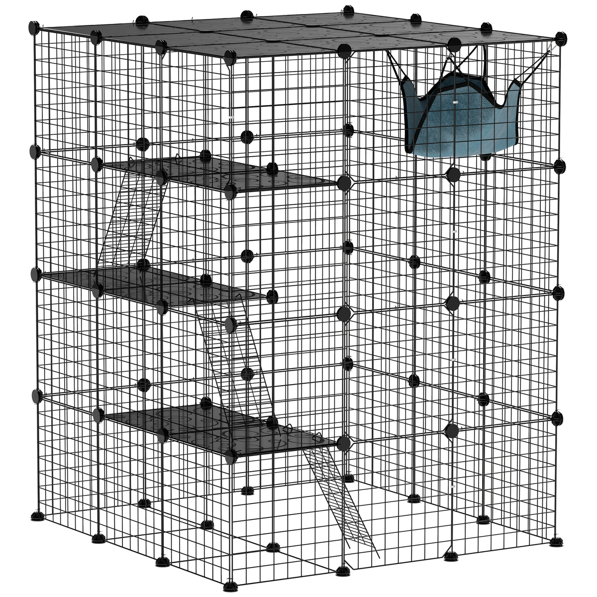 DIY 4 Tier Cat Cage Indoor with Hammock, Ramps, Jumping Platforms, Doors, Cat Enclosure for 1-3 Cats, 3 x 3 x 4, Black