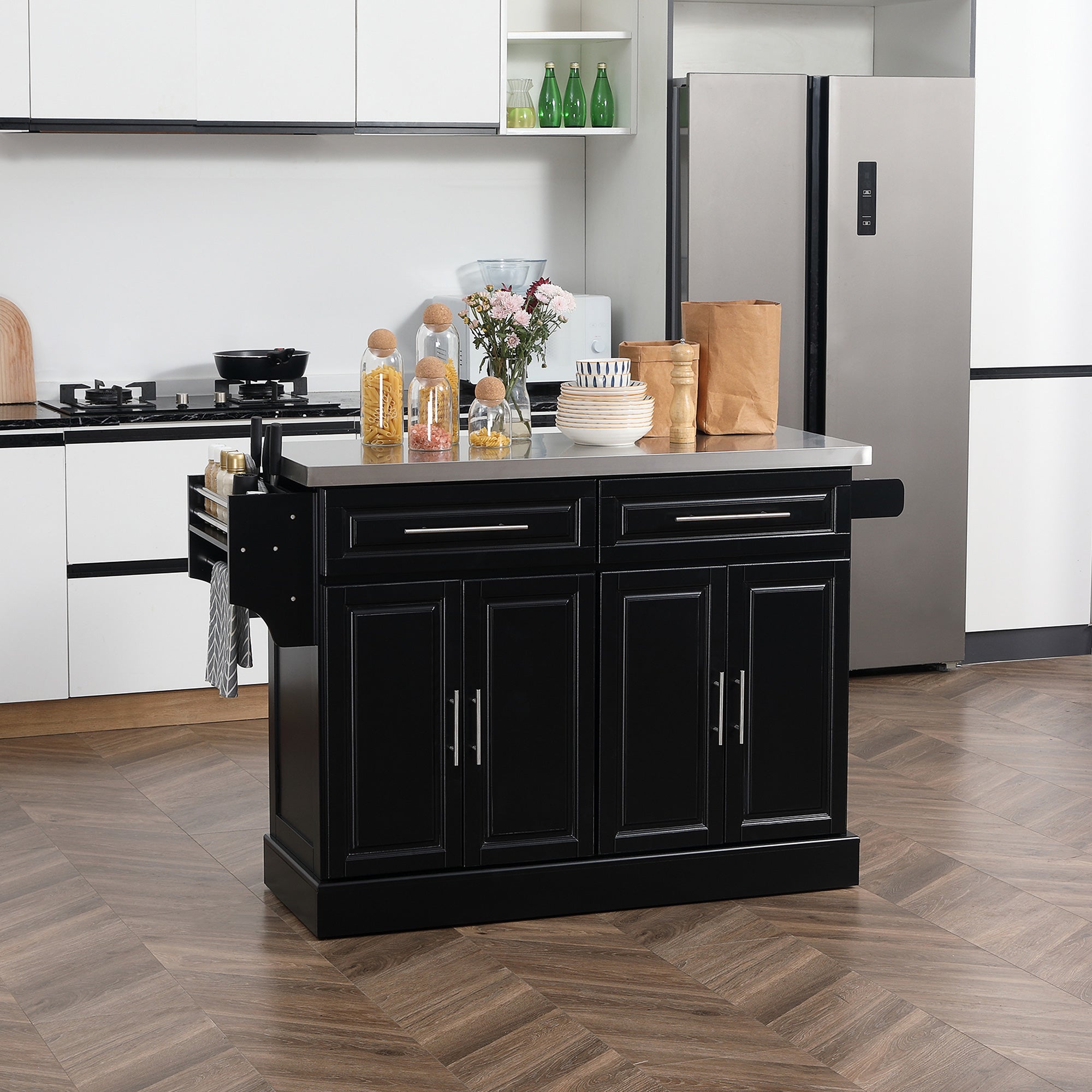Rolling Kitchen Island Cart with Wheels, Portable Island Table for Kitchen with Stainless Steel Top, Adjustable Shelves, 2 Drawers, Spice, Knife and Towel Rack, Black