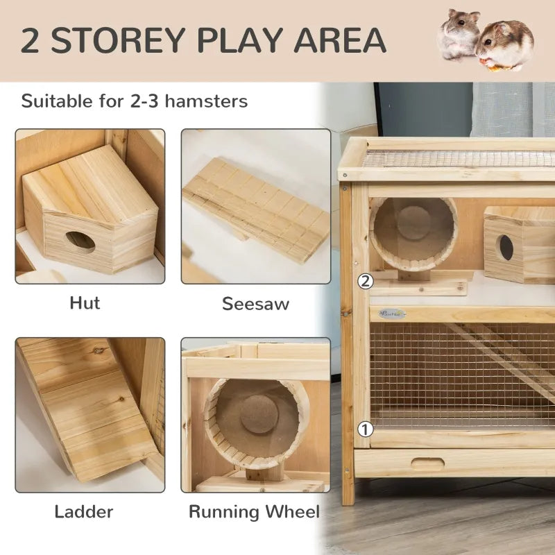 PawHut 2-Tier Wooden Hamster Cage, Small Animals Hutch, W Seesaw, Tray