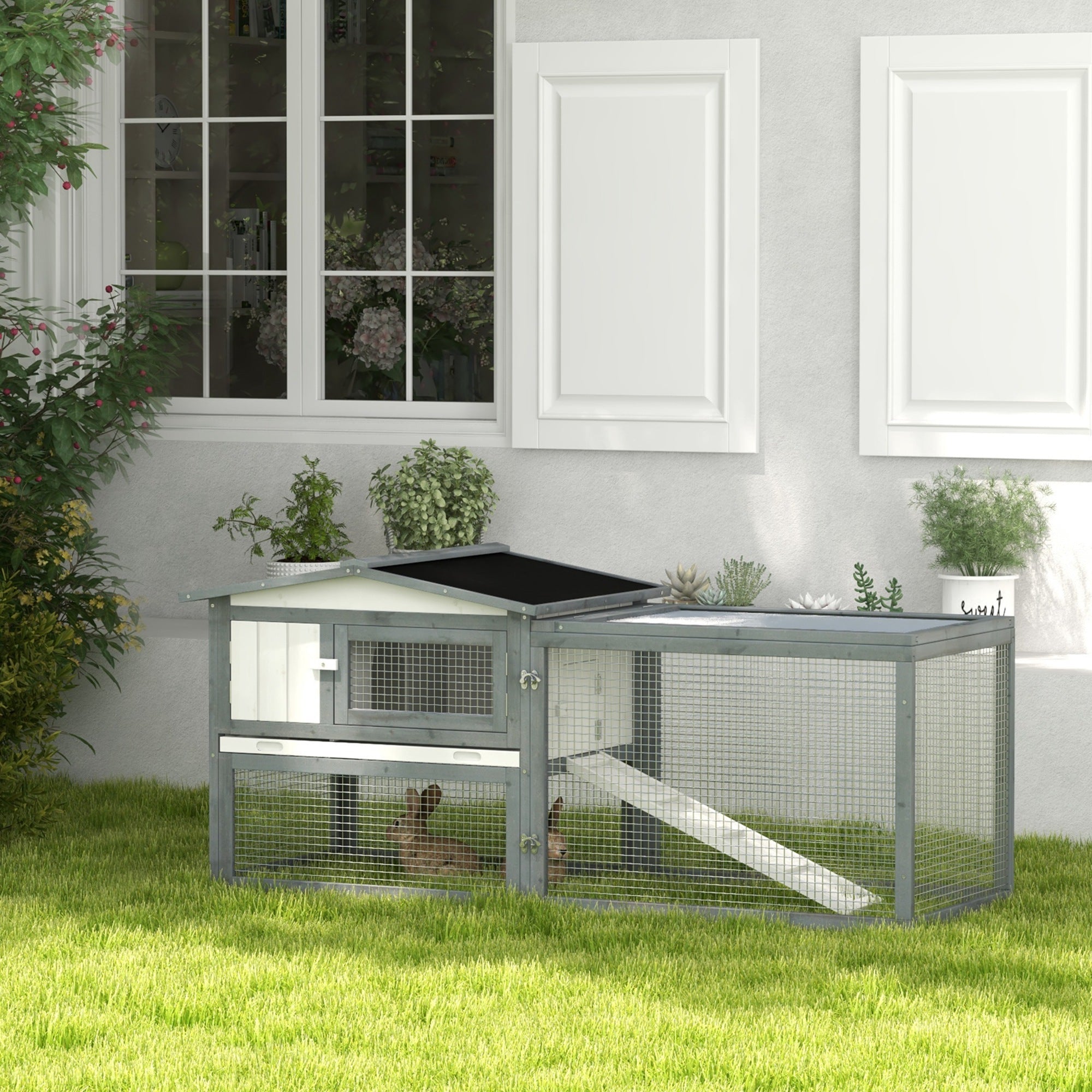 Large Rabbit Cage Outdoor 61"L Guinea Pig Hutch w/ Run Feeding Trough Removable Tray Ramp Asphalt Roof, White