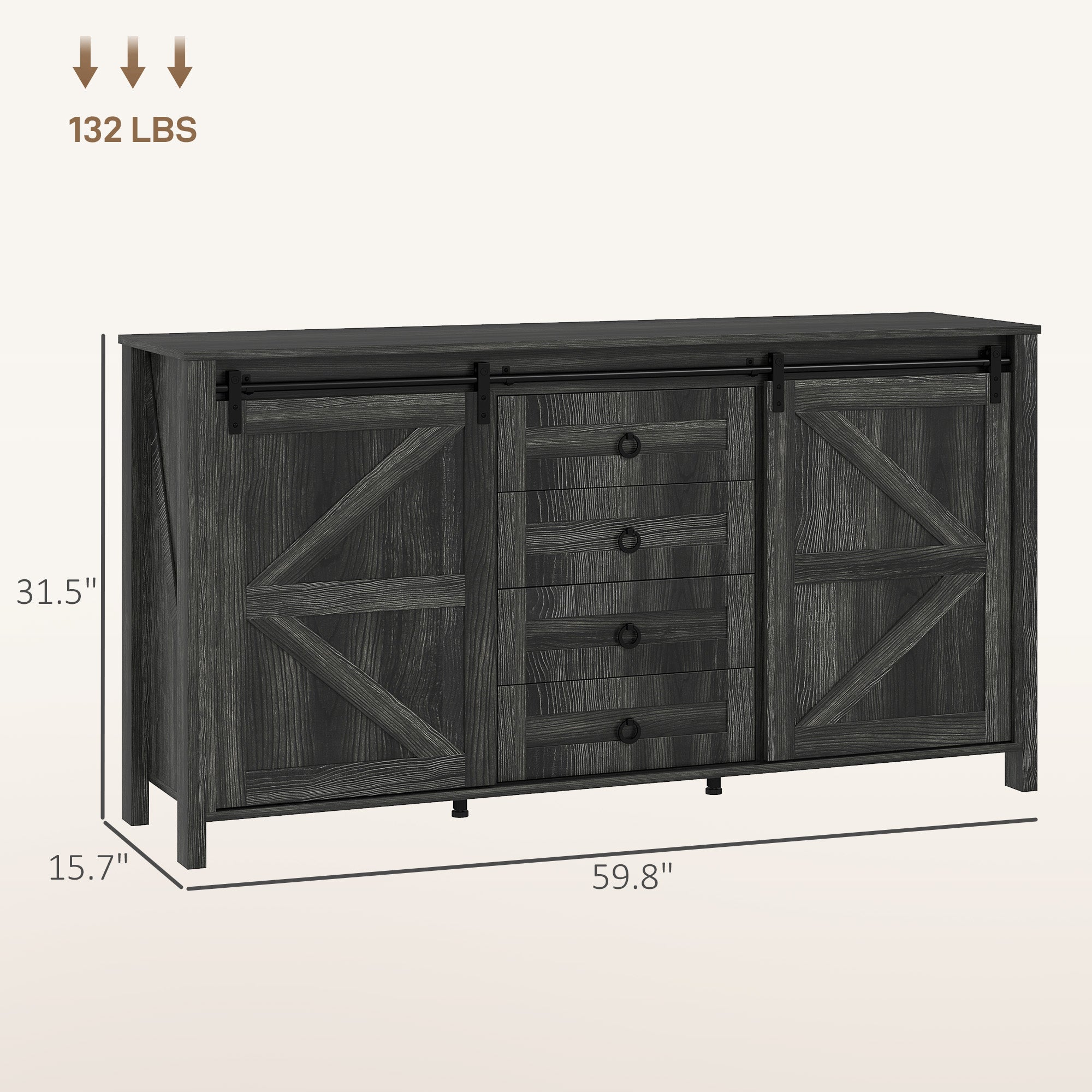 60" Buffet Cabinet, Farmhouse Sideboard with Sliding Barn Doors, Drawers and Adjustable Shelves, Distressed Dark Gray