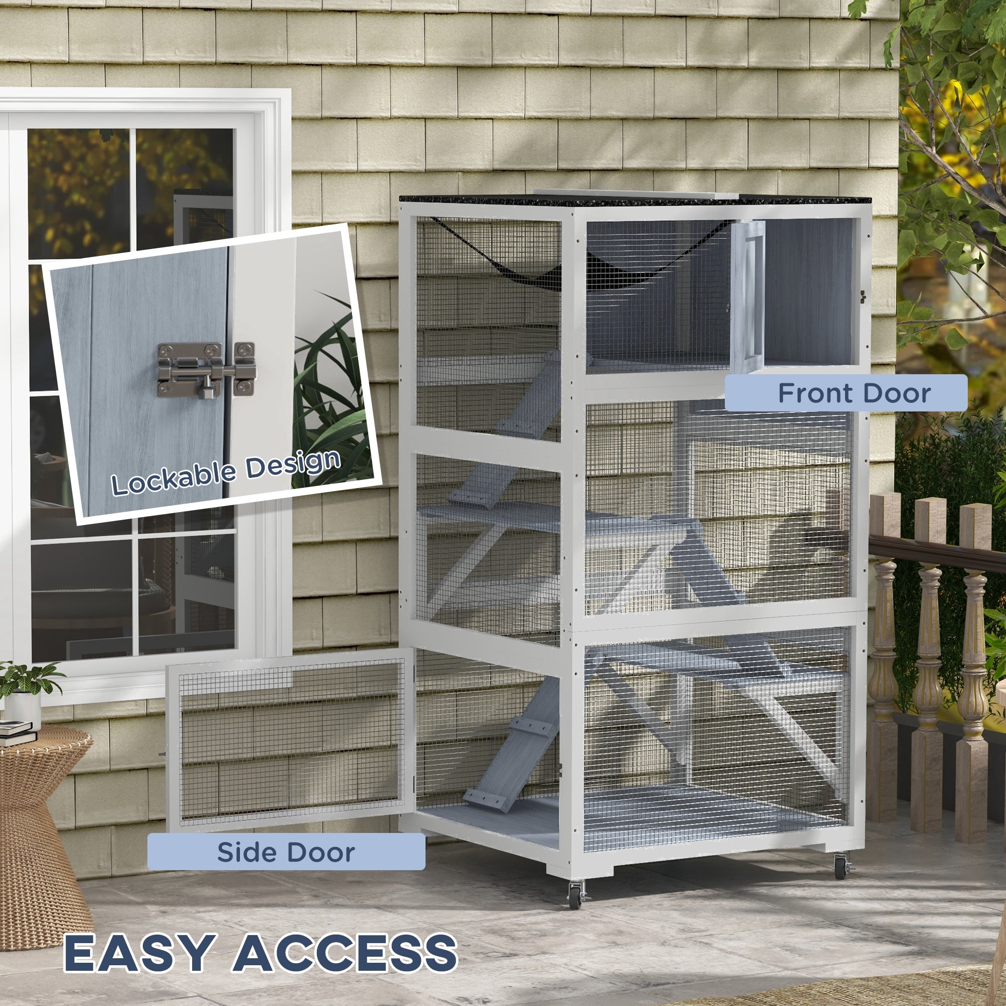 Catio, Outdoor Cat Enclosure House on Wheels with Hammock, Gray