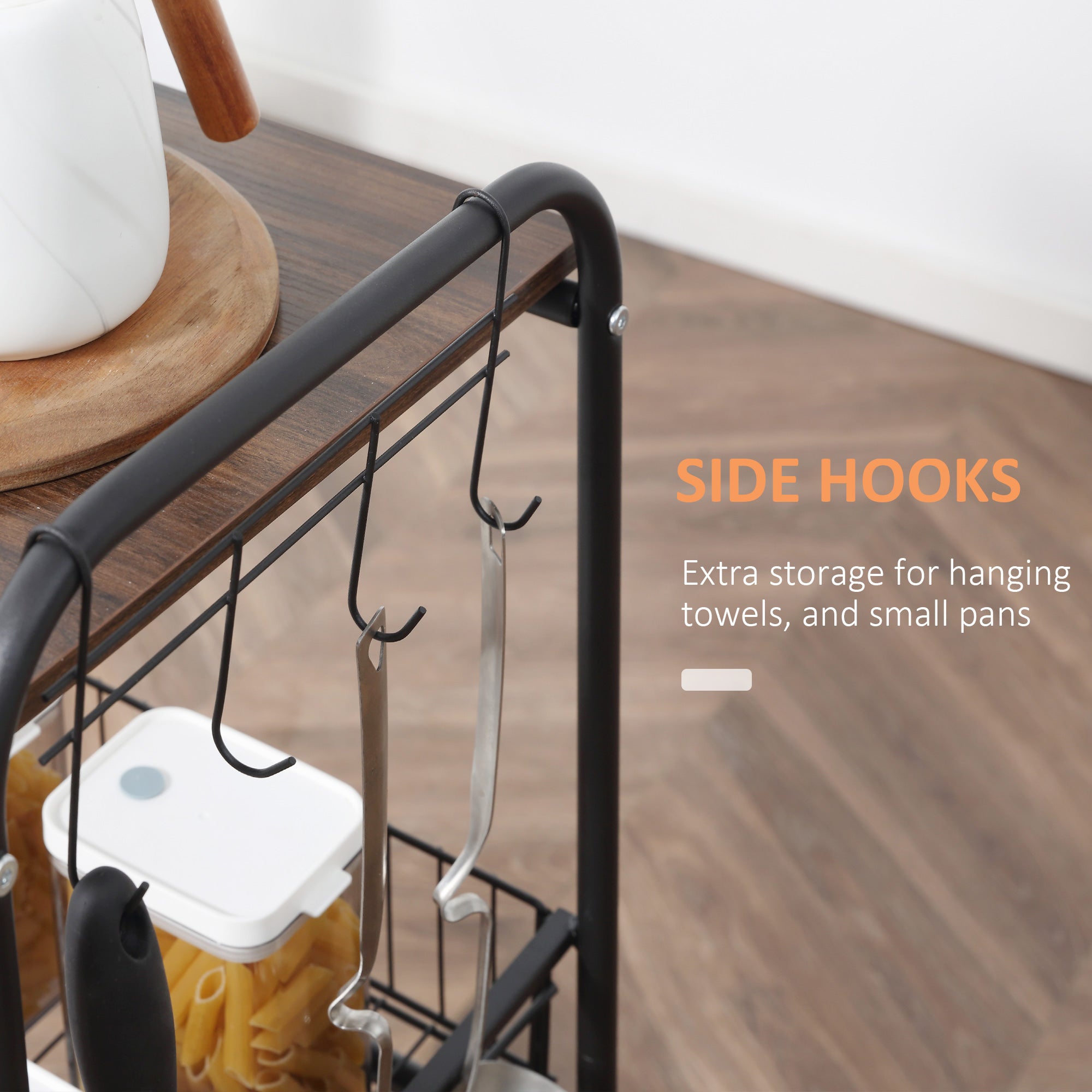 3 Tier Rolling Kitchen Cart with Storage, Kitchen Island Cart on Wheels with 2 Sliding Fruit Basket, Microwave Cart with Side Hooks for Dining Room, Walnut