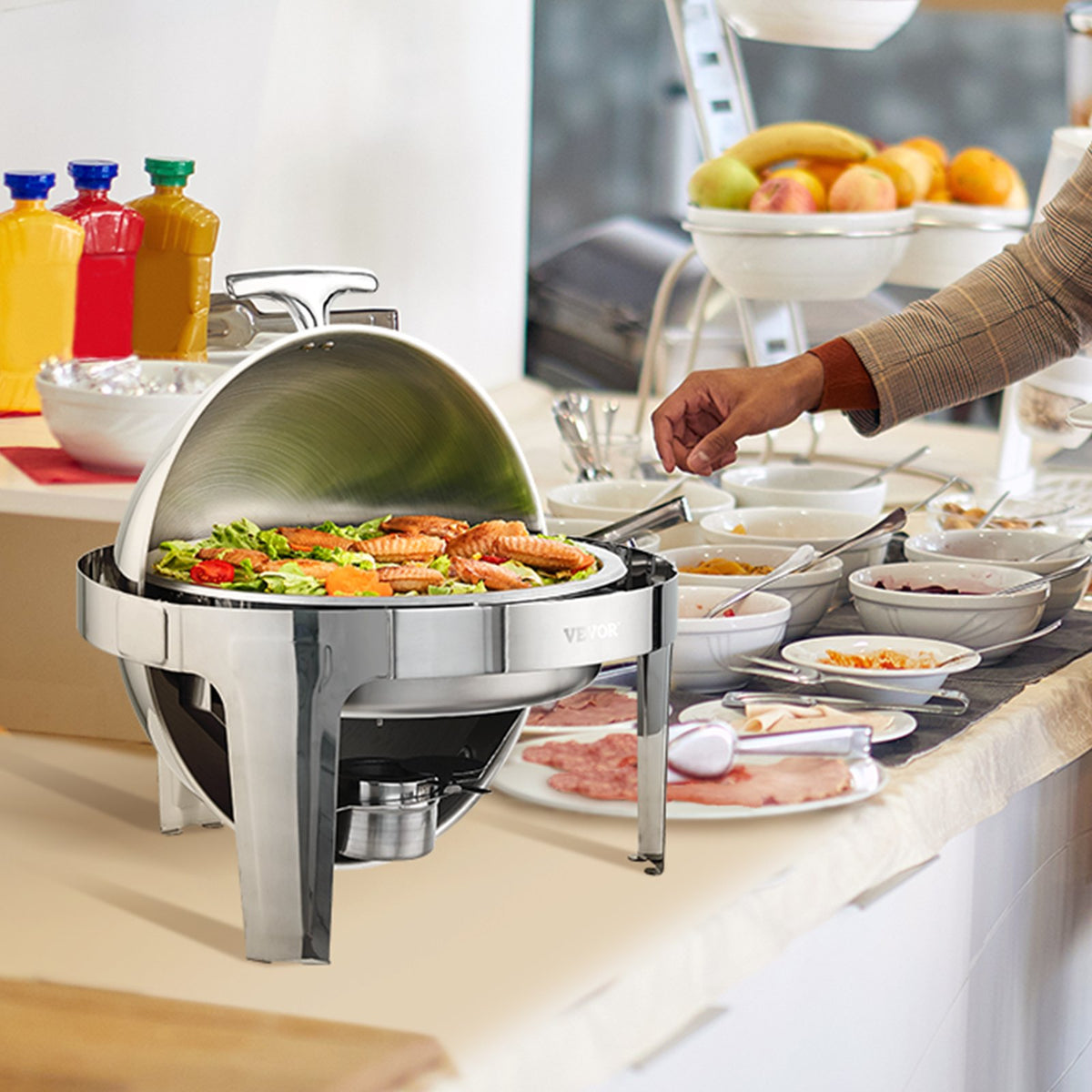 Roll Top Chafing Dish Buffet Set, 6 Qt 2 Pack, Stainless Steel Chafer With 2 Full Size Pans, Round Catering Warmer Server With Lid Water Pan Stand Fuel Holder, For At Least 5 People Each