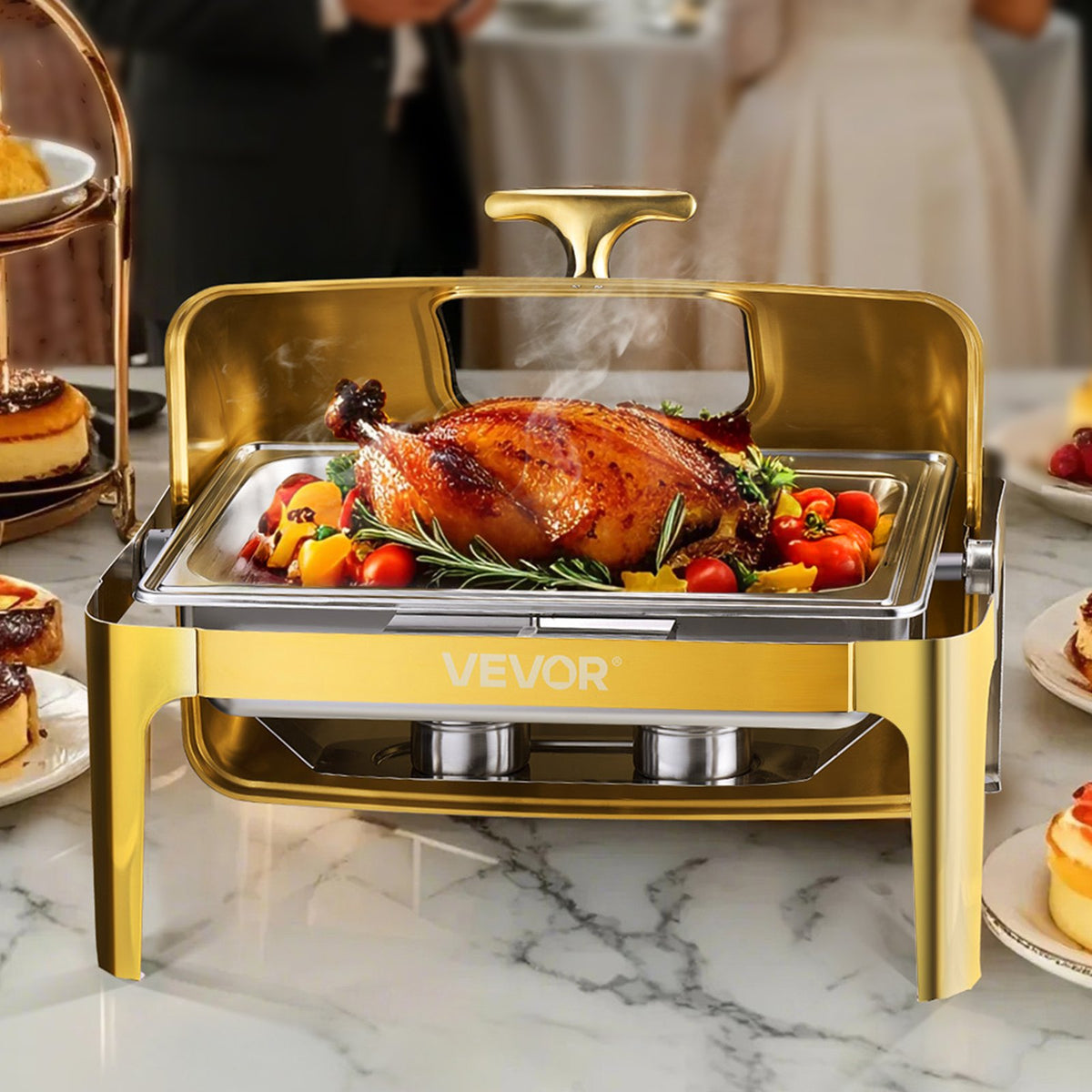9Qt Rectangle Roll Top Chafing Dish Set With Full-Size Pan Stainless Steel Gold