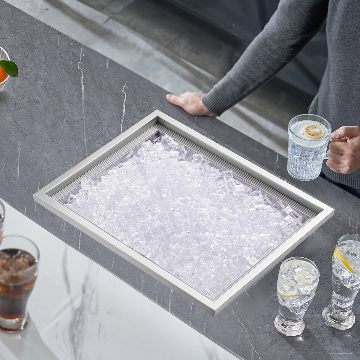 Drop In Ice Chest, 22'L X 17'W X 12'H Stainless Steel Ice Cooler, Commercial Ice Bin With Cover, 40 Qt Outdoor Kitchen Ice Bar, Drain-pipe And Drain Plug Included, For Cold Wine Beer