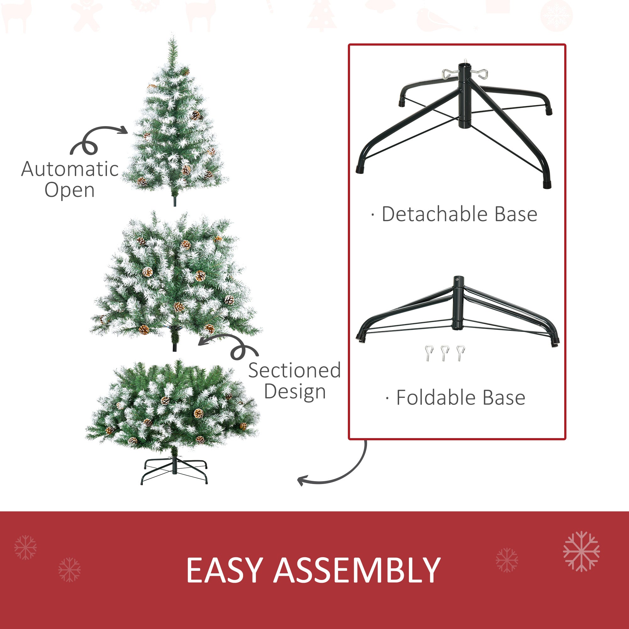 HOMCOM 6ft Unlit Snow-Dusted Full Fir Artificial Christmas Tree With Realistic Branches, 61 Pine Cones And 800 Tips