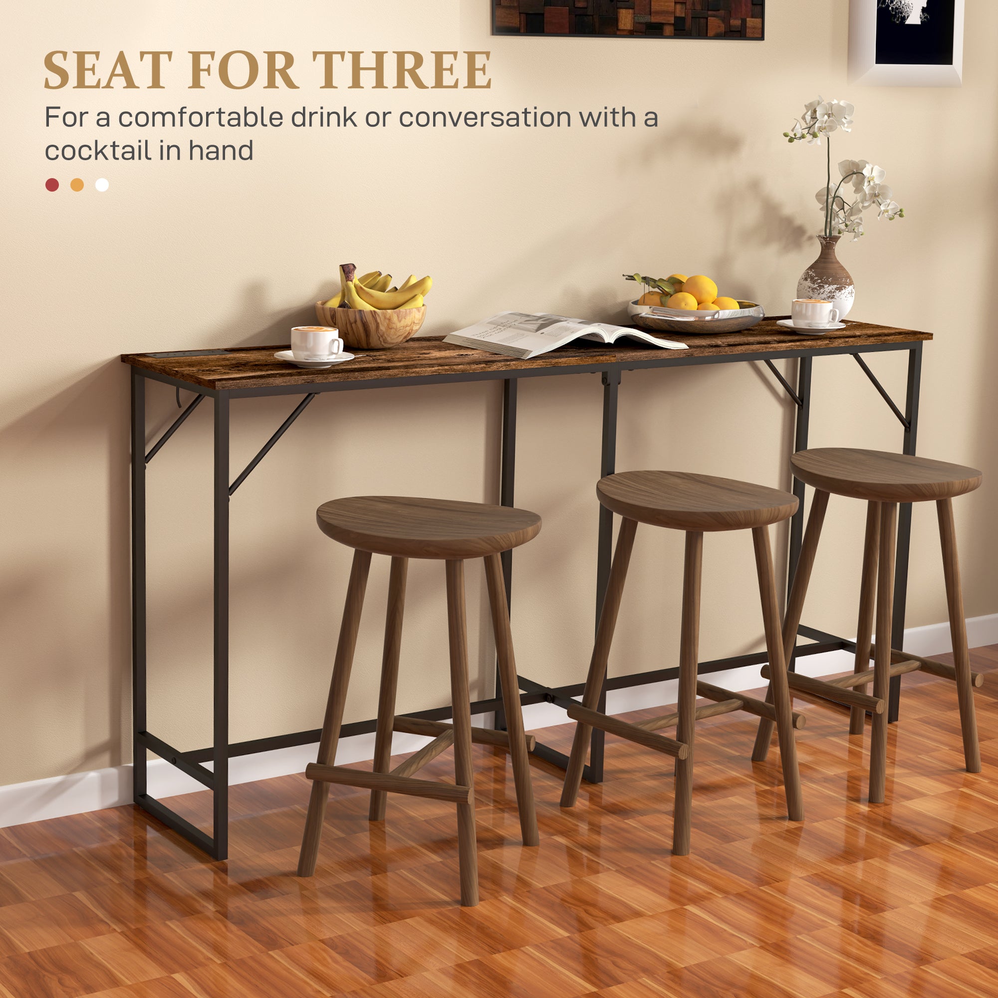 70" Bar Table with Charging Station, Industrial Rectangular Bar Height Pub Table with Steel Frame, Rustic Brown