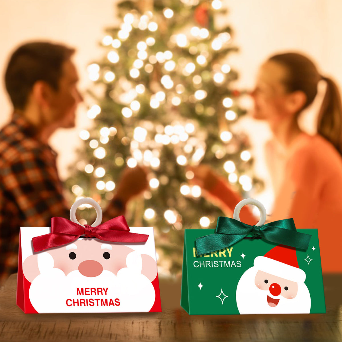 10 Pack Christmas Candy Boxes With Ribbon And Wooden Ring Merry Cartoon Paper Treat Boxes Christmas Santa Claus Pattern Cookie Goodies Box For Christmas Birthday Wedding Gift Wrapping Holiday Party Su