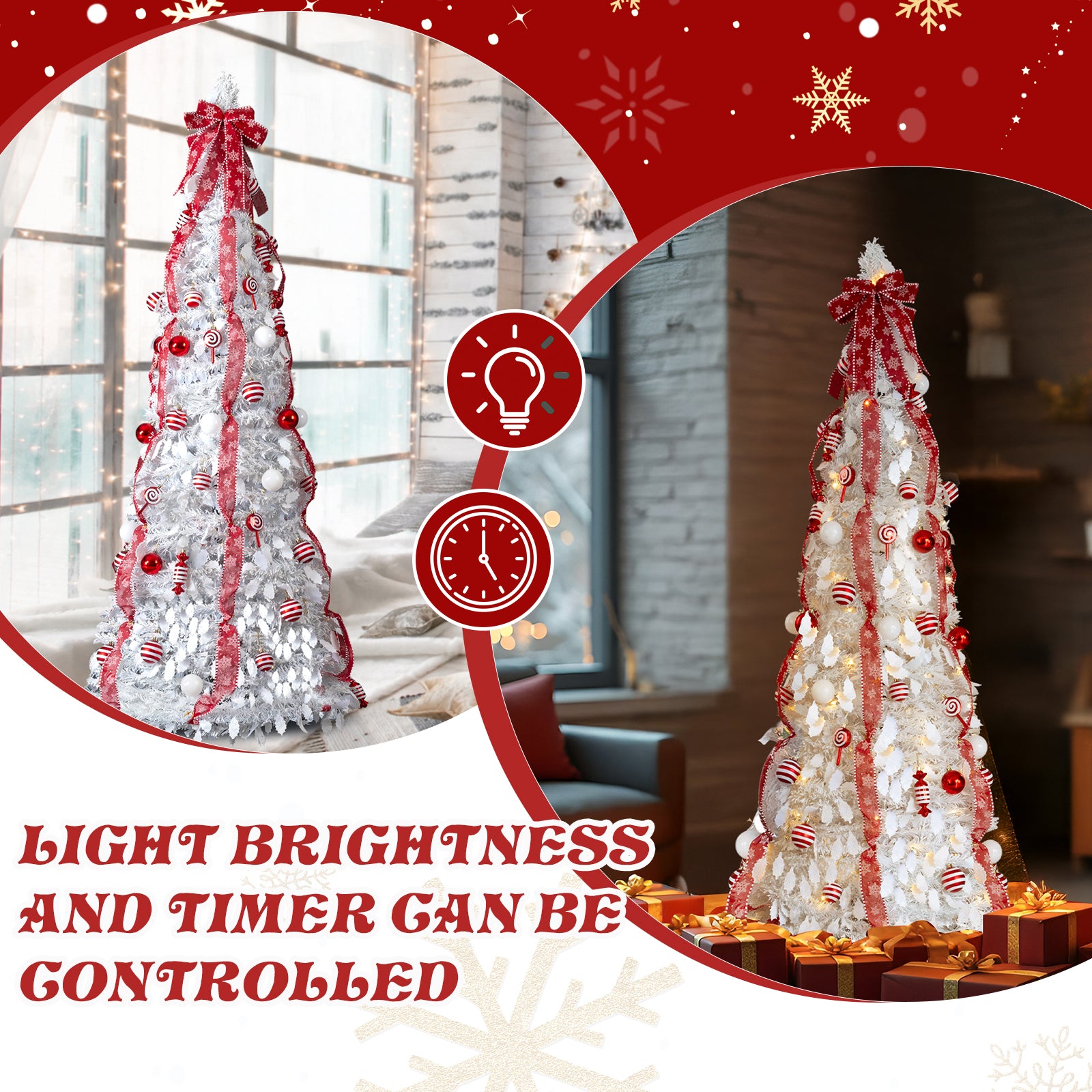 6 FT Fully Decorated Pre-lit Christmas Tree, Up Artificial Xmas Tree With 100 Warm Lights And Red Ornaments For Home Office Store Holiday Deco, White