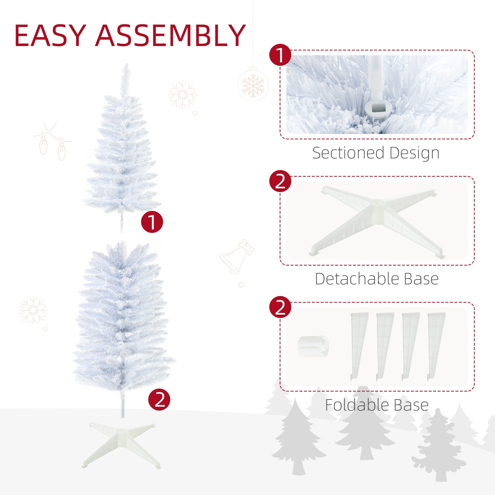 5' Decorated Christmas Tree Snow Flocked Artificial Christmas Tree with Pencil Shape, Realistic Branches, White