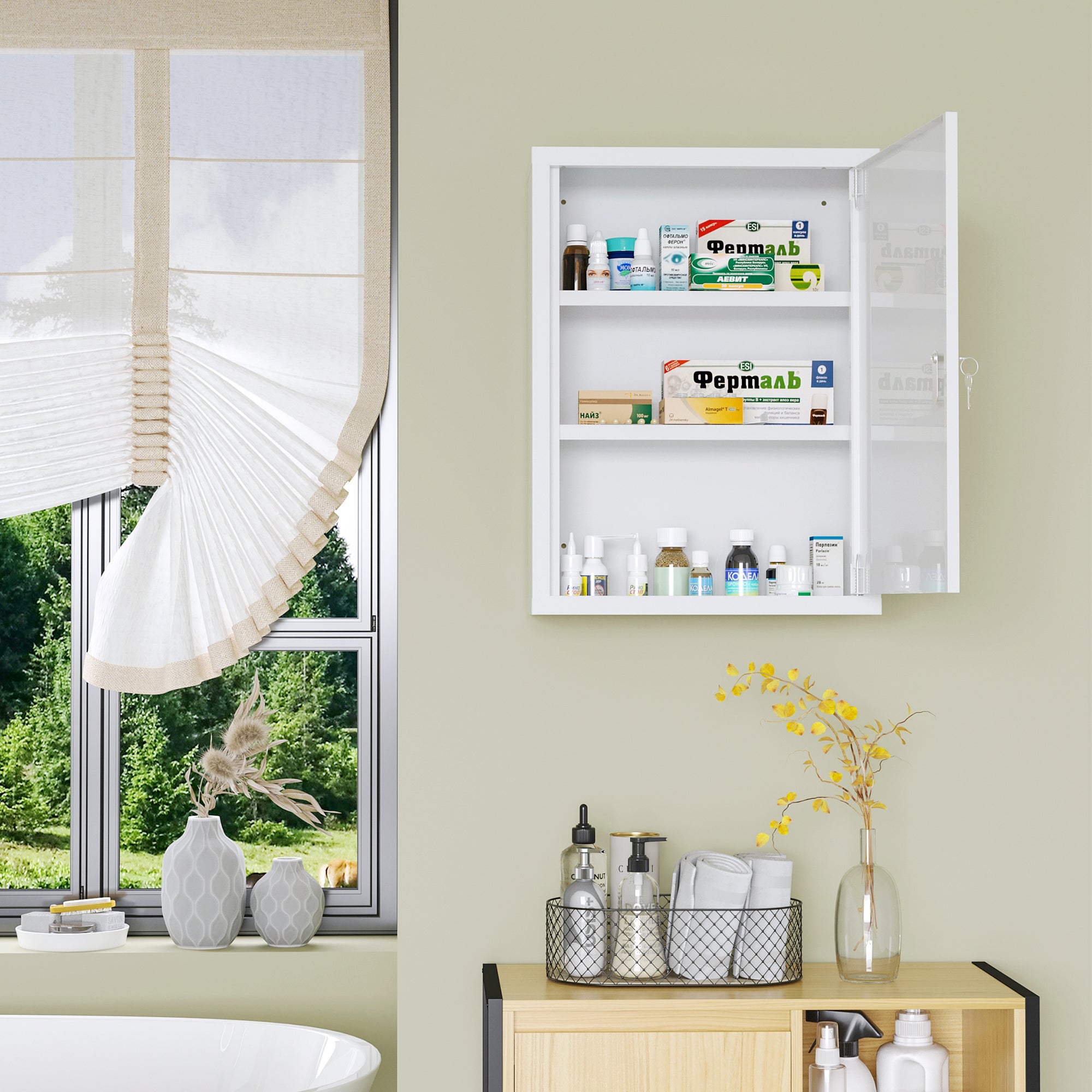 16" x 21" Lockable Medicine Cabinet, 3 Tier Steel Medical Wall Box with 2 Keys and Shelves for Bathroom, White