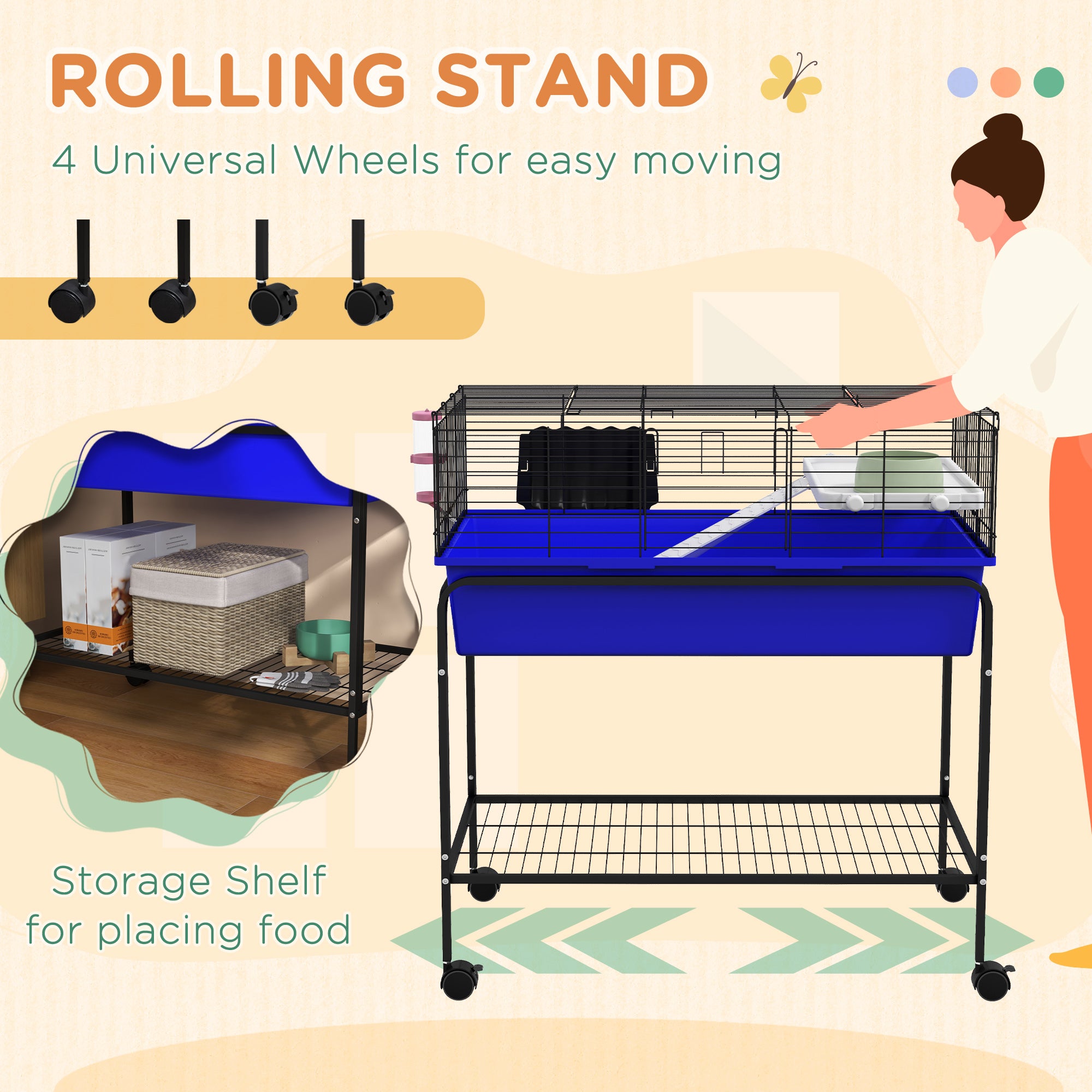 Two-Story Small Animal Cage Removable from Stand, Pet Habitat with Shelf & Wheels, 33" x 18.5" x 35", Blue