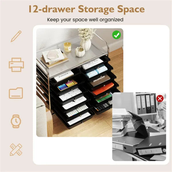 12-Drawer Rolling Storage Cart - 2-Row 10-Storey, Multicolor Drawers, 4 Wheels (2 Brake), -Black