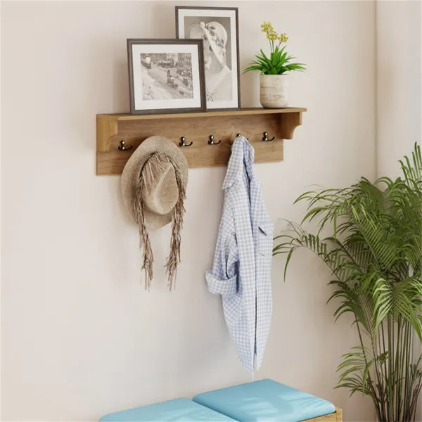 Wall Mount Coat Rack With Shelf - 31.5"x5.5"x8", 6 Hooks & 110LBS Capacity (Natural)