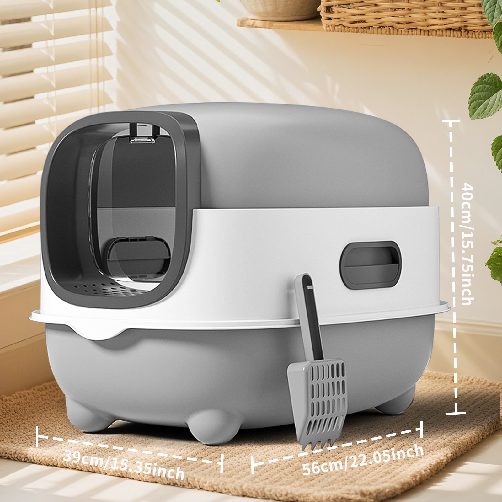 Gray-White Contrast Fully Enclosed Cat Litter Box, Sterilization Odor Lock Anti-Tracking Cat Potty For Home Use