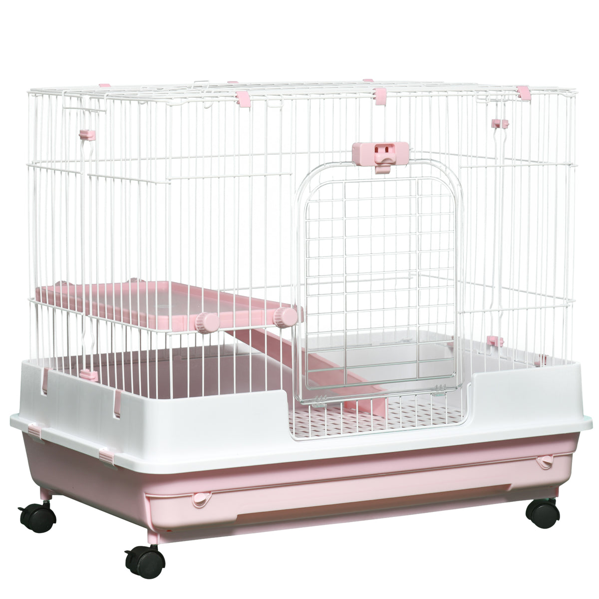 2-Level Small Animal Cage Rabbit Hutch with Wheels, Removable Tray, Platform and Ramp for Bunny, Chinchillas, Ferret, Pink