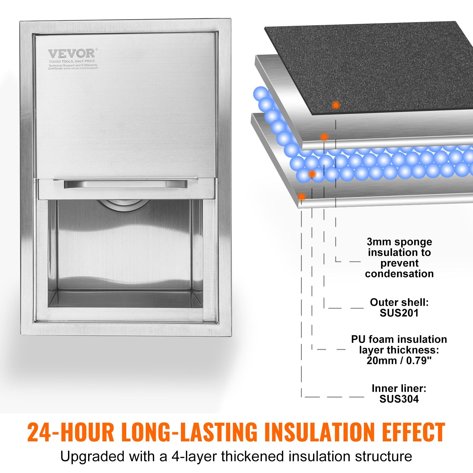 Drop In Ice Chest, 18'L X 12'W X 14.5'H Stainless Steel Ice Cooler, Commercial Ice Bin With Sliding Cover, 40.9 Qt Outdoor Kitchen Ice Bar, Drain-pipe And Drain Plug Included, For Cold Wine Beer