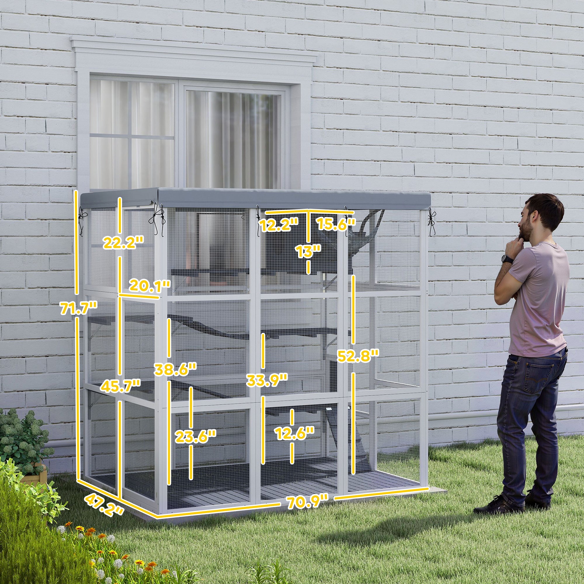 Large Outdoor Catio Cat Enclosure with Hammock, Condo, Jump Platforms, Ladders, Ramps, Tarp, for 2-4 Large Cats, Gray