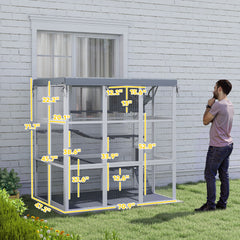 Large Outdoor Catio Cat Enclosure with Hammock, Condo, Jump Platforms, Ladders, Ramps, Tarp, for 2-4 Large Cats, Gray
