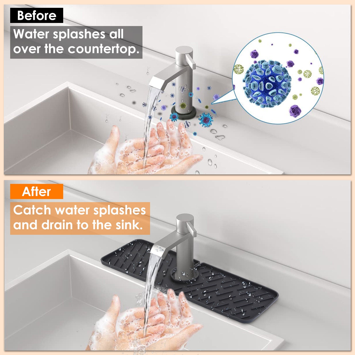 Black-Grey Color Options -- 1Pc Silicone Faucet Mat Kitchen Sink Splash Guard Drain Mat Drying Pad Kitchen Mat Bathroom Drip Catcher