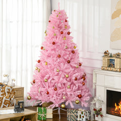7' Artificial Pink Christmas Trees, with Auto Open, Steel Base, Wide Shape for Indoor Xmas Decoration