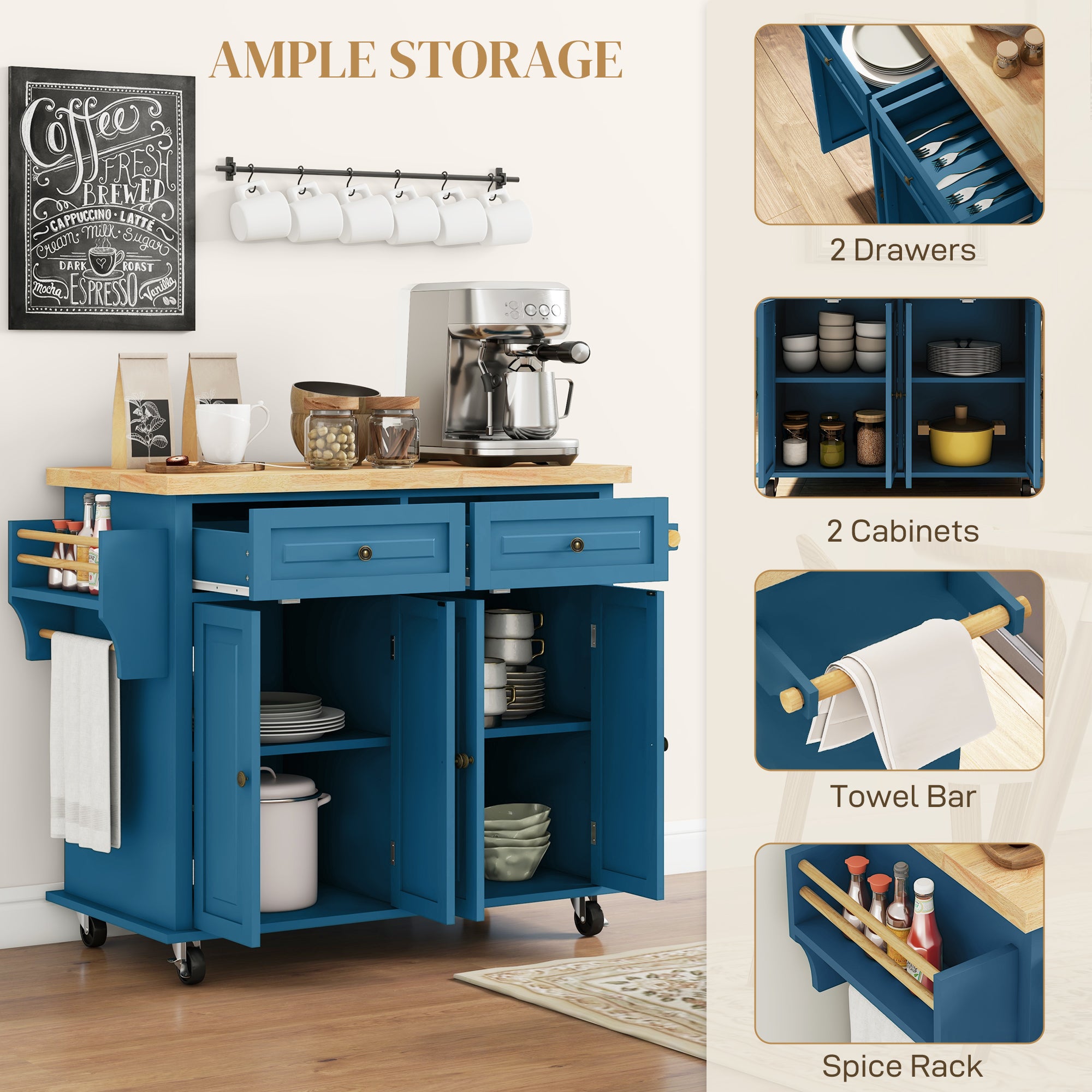 Kitchen Island on Wheels, Rolling Cart with Rubberwood Top, Spice Rack, Towel Rack and Drawers, Turquoise