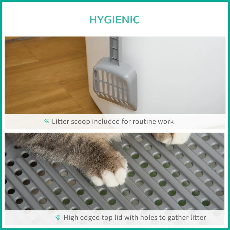 Covered Cat Litter Box, Easy Cleaning Kitty Litter Box With Front Entrance, Top Exit, Scoop, For Odor Control, White
