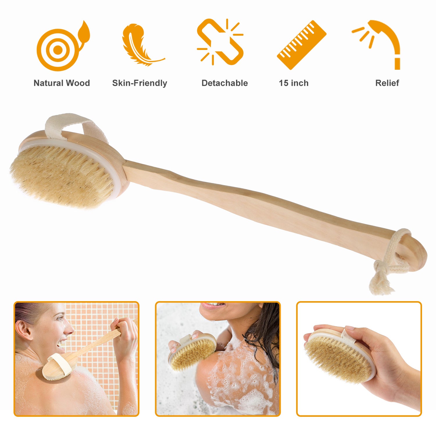 1Pc Bath Brush 15in Shower Body Back Scrubber With Long Handle Detachable Brush For Cellulite Exfoliating Detox