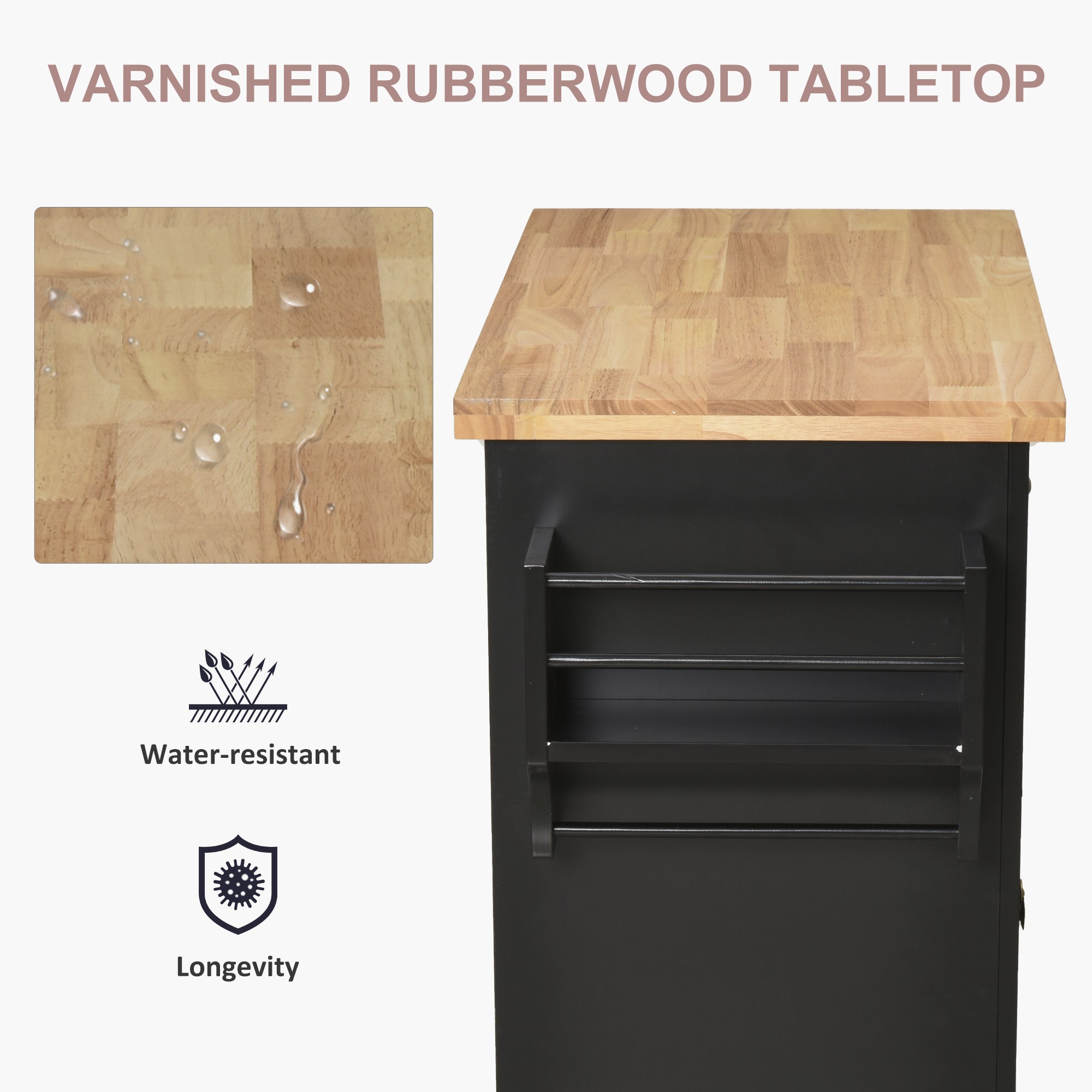 Kitchen Island Cart with Rubber Wood Top, Rolling Kitchen Island Table on Wheels with Drawers, Adjustable Shelves, Spice Rack and Towel Rack for Dining Room, Black