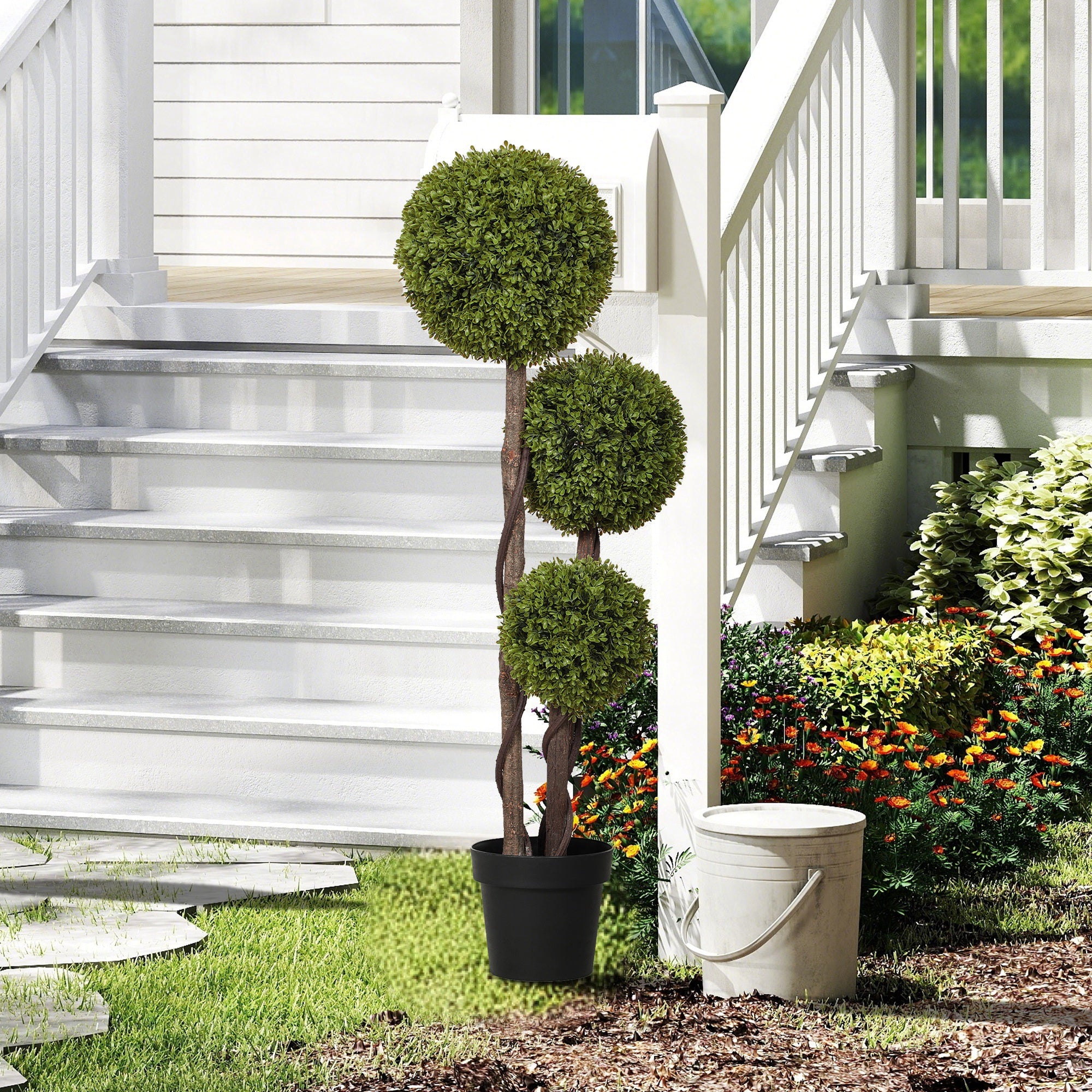45.3 Artificial Ball Boxwood Topiary Tree Fake Plant In Pot For Indoor Outdoor Living Room Decoration Light Green