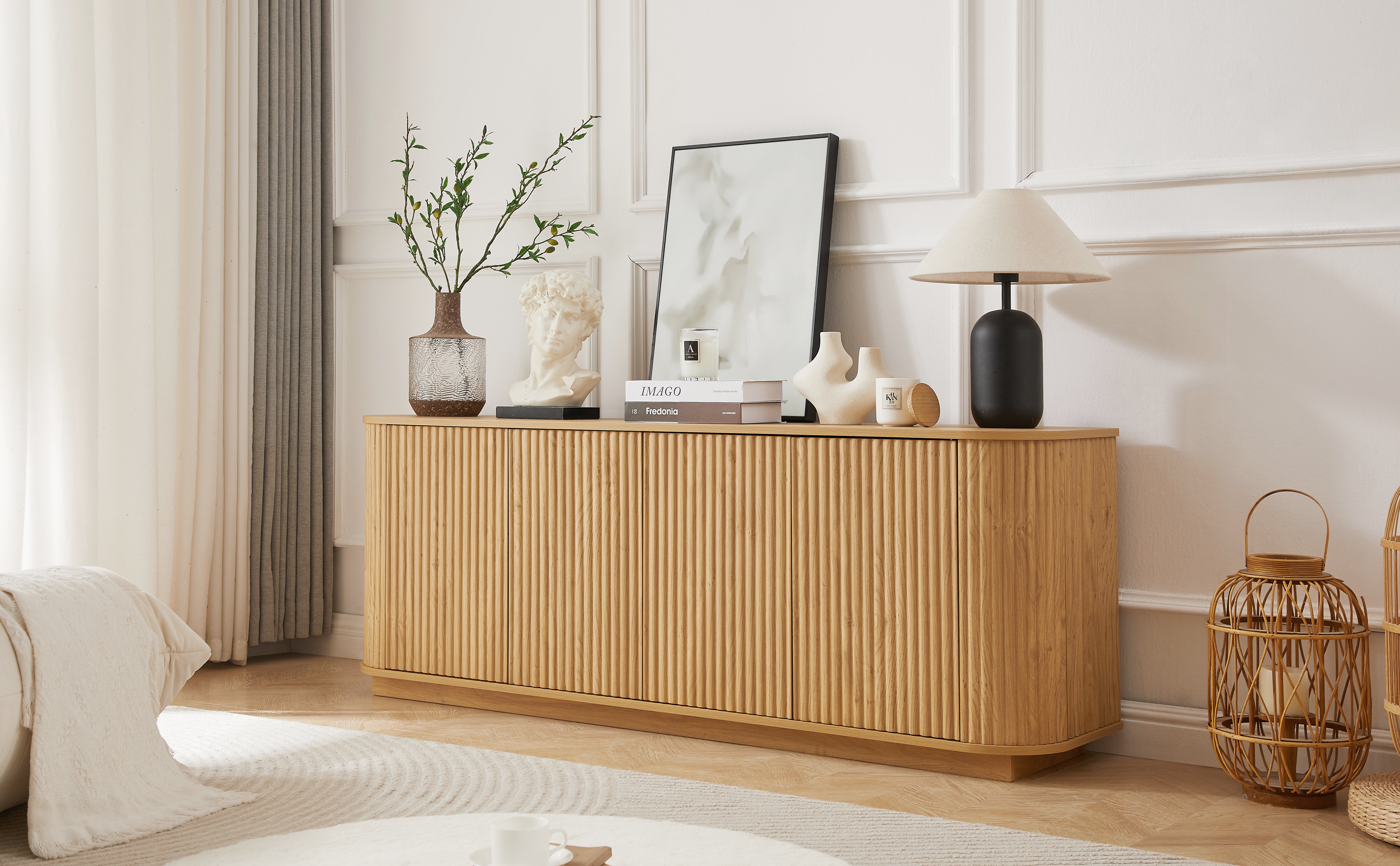 Sideboard Storage Cabinet TV Stand With Wave Pattern Buffet Cabinet Wooden Vertical Striped Cabinet For Kitchen Bedroom Entryway. Natural, 64W X 15D X 24H.