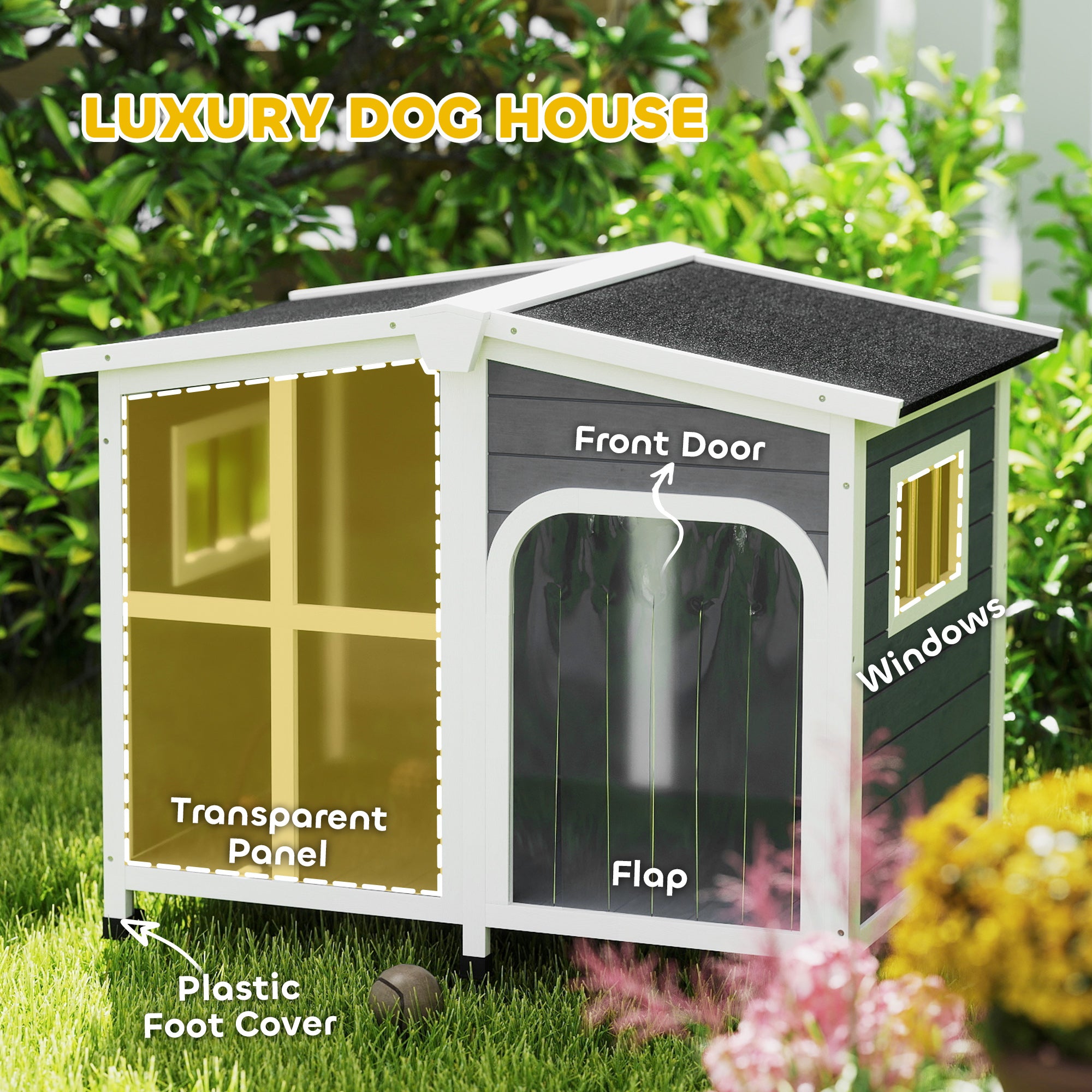 Cabin-Style Wooden Dog House for Large Dogs with Openable Roof & Giant Window, Dark Gray