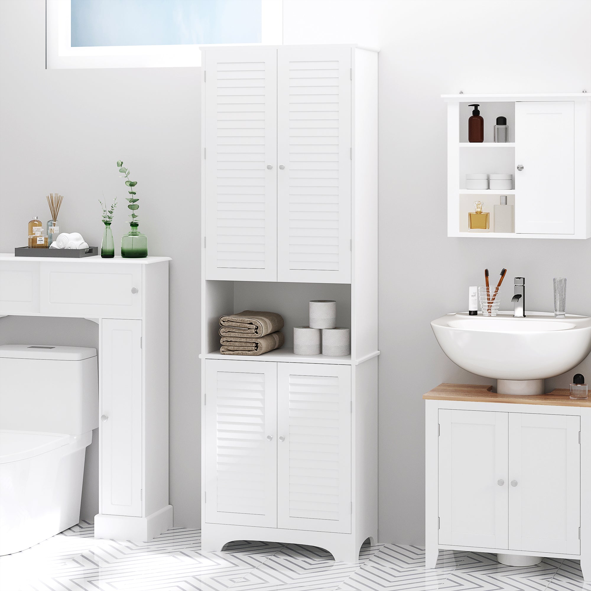 Tall Narrow Bathroom Storage Cabinet with Doors and Shelf Adjustability, Freestanding Linen Cabinet with 2 Cabinets and Countertop, White