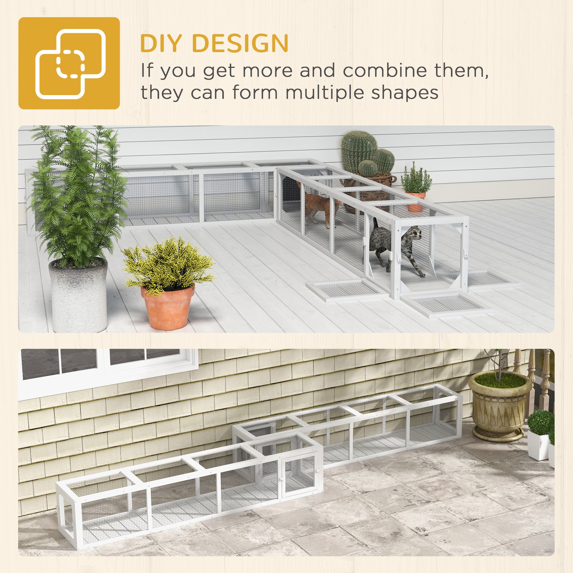 Wooden Cat Run with Weather Protection, Connecting Inside and Outside, 79"L x 15"W x 15"H, White