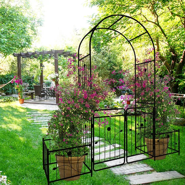 Metal Garden Arch With Gate 79.5'' Wide X 86.6'' High Climbing Plants Support Rose Arch Outdoor Black