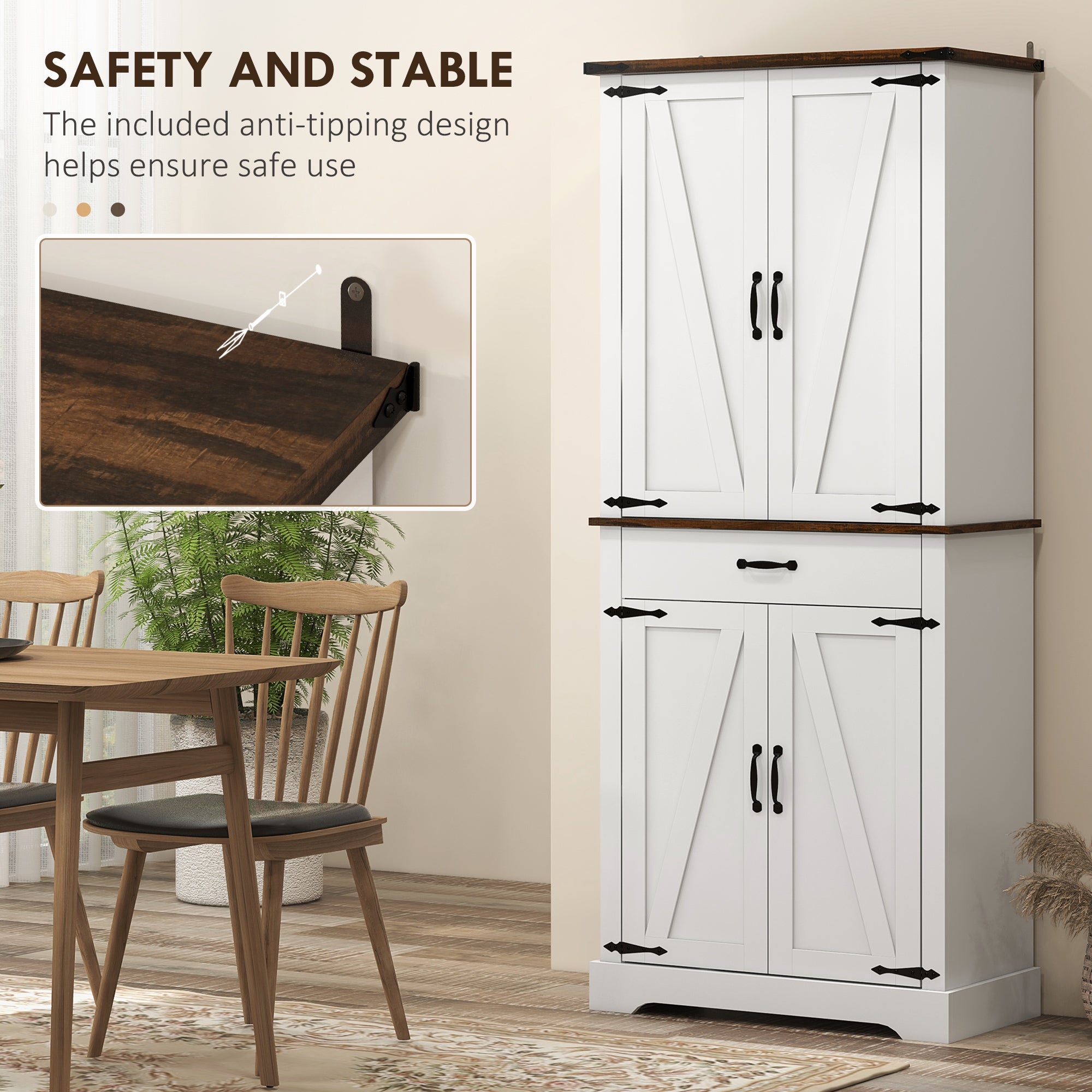 71" Tall Kitchen Cabinet, Farmhouse Pantry Cabinet w/ Barn Doors, 6 Shelves w/ 2 Doors, Drawer and Adjustable Shelves, White