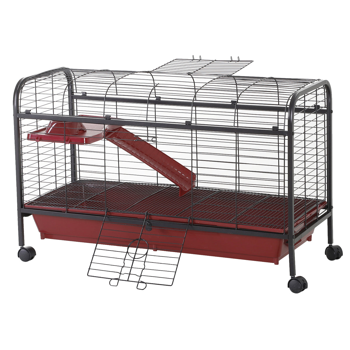 41"L Small Animal Cage, Pet Play House for Rabbit Hutch Ferret with Feeder, Rolling Wheels, Platform, Ramp