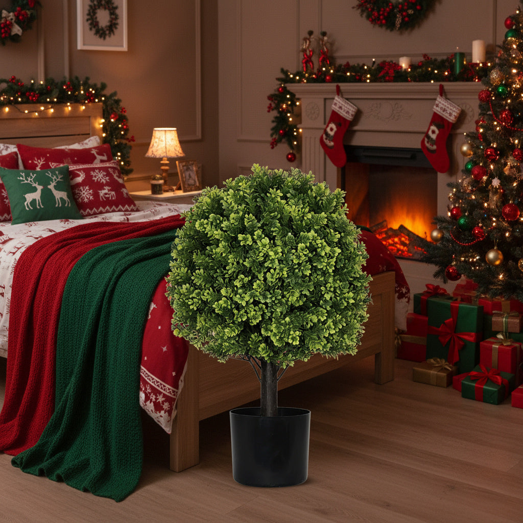 2PCS Set 22in Artificial Trees Natural Topiary Balls Outdoor Decor Pre-Lit Faux Plants For Porch Patio Balcony Year-Round Holiday Home Decor Vibrant Greenery